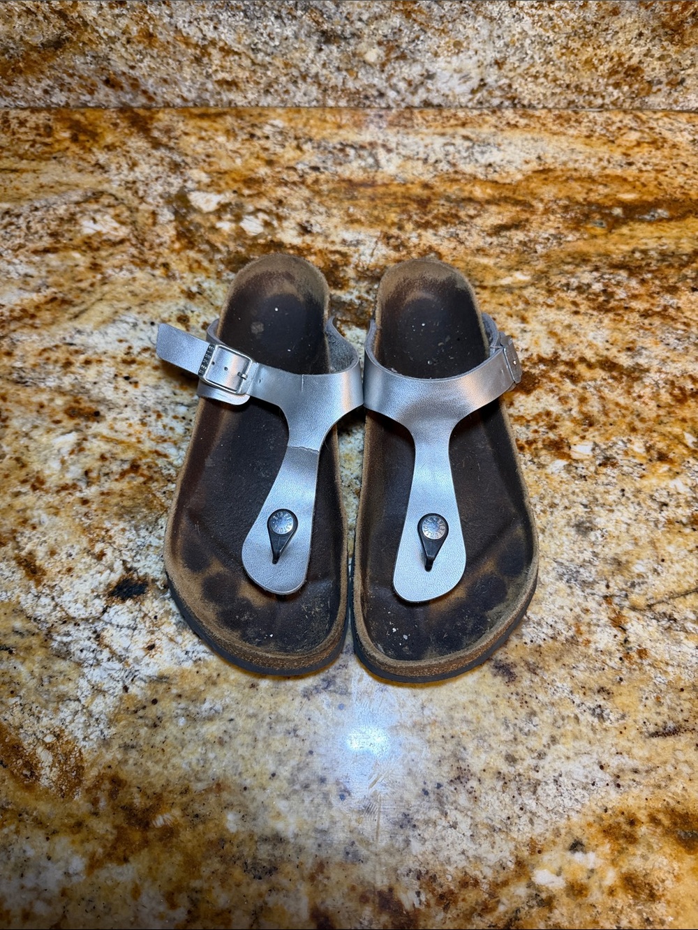 Birkenstock Silver T-Strap Thong Sandals